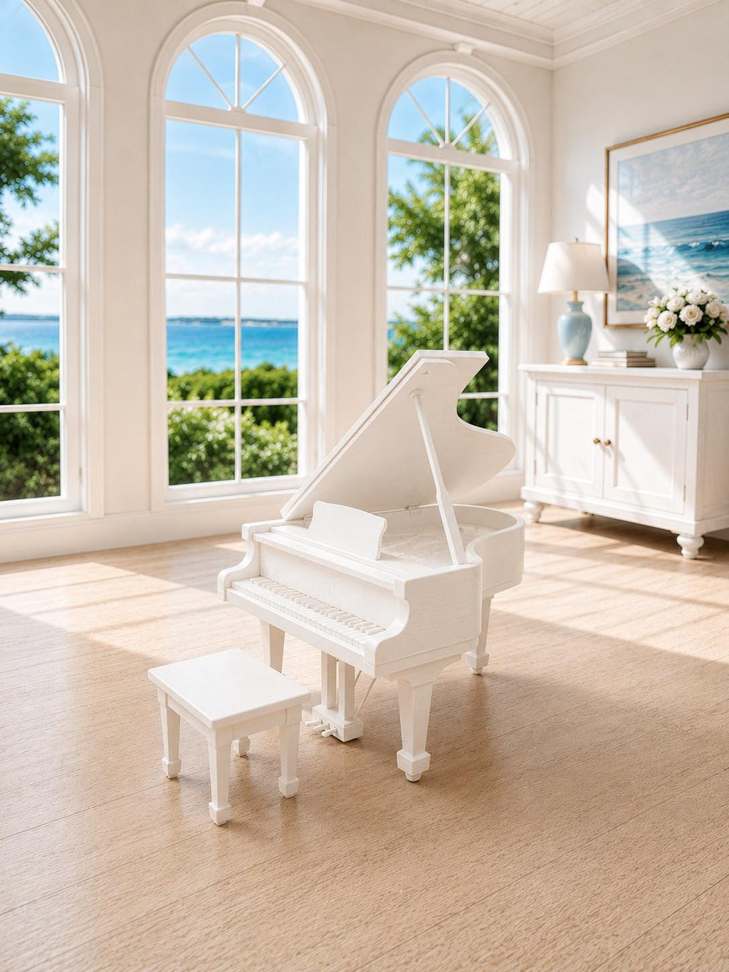 Dollhouse Grand Piano & Stool | 1:12 Hamptons Coastal Miniature Furniture | White Baby Grand Piano Set