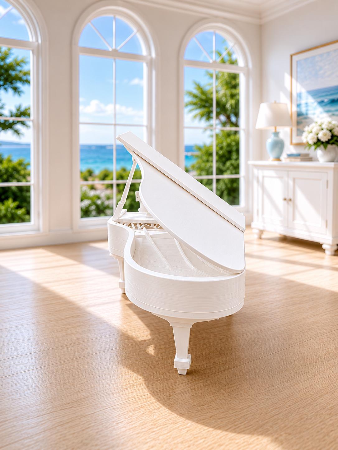 Dollhouse Grand Piano & Stool | 1:12 Hamptons Coastal Miniature Furniture | White Baby Grand Piano Set