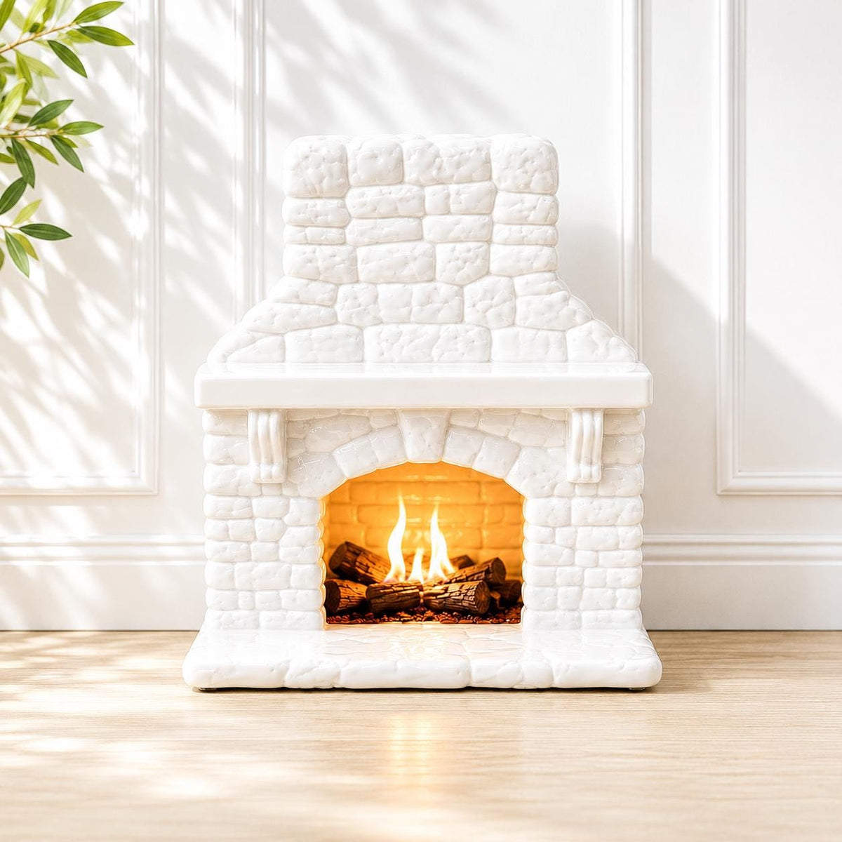 Dollhouse Stone Fireplace & Armchair Set | 1:12 Hamptons Coastal Miniature Furniture | White Fireside Lounge Set