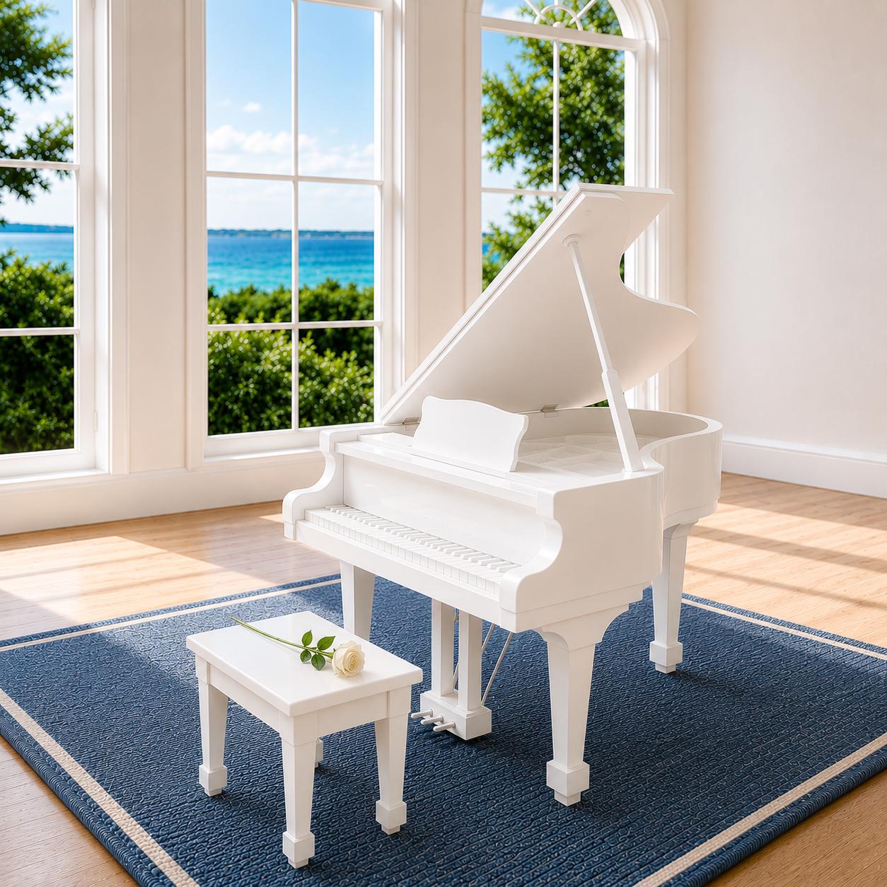 Dollhouse Grand Piano & Stool | 1:12 Hamptons Coastal Miniature Furniture | White Baby Grand Piano Set