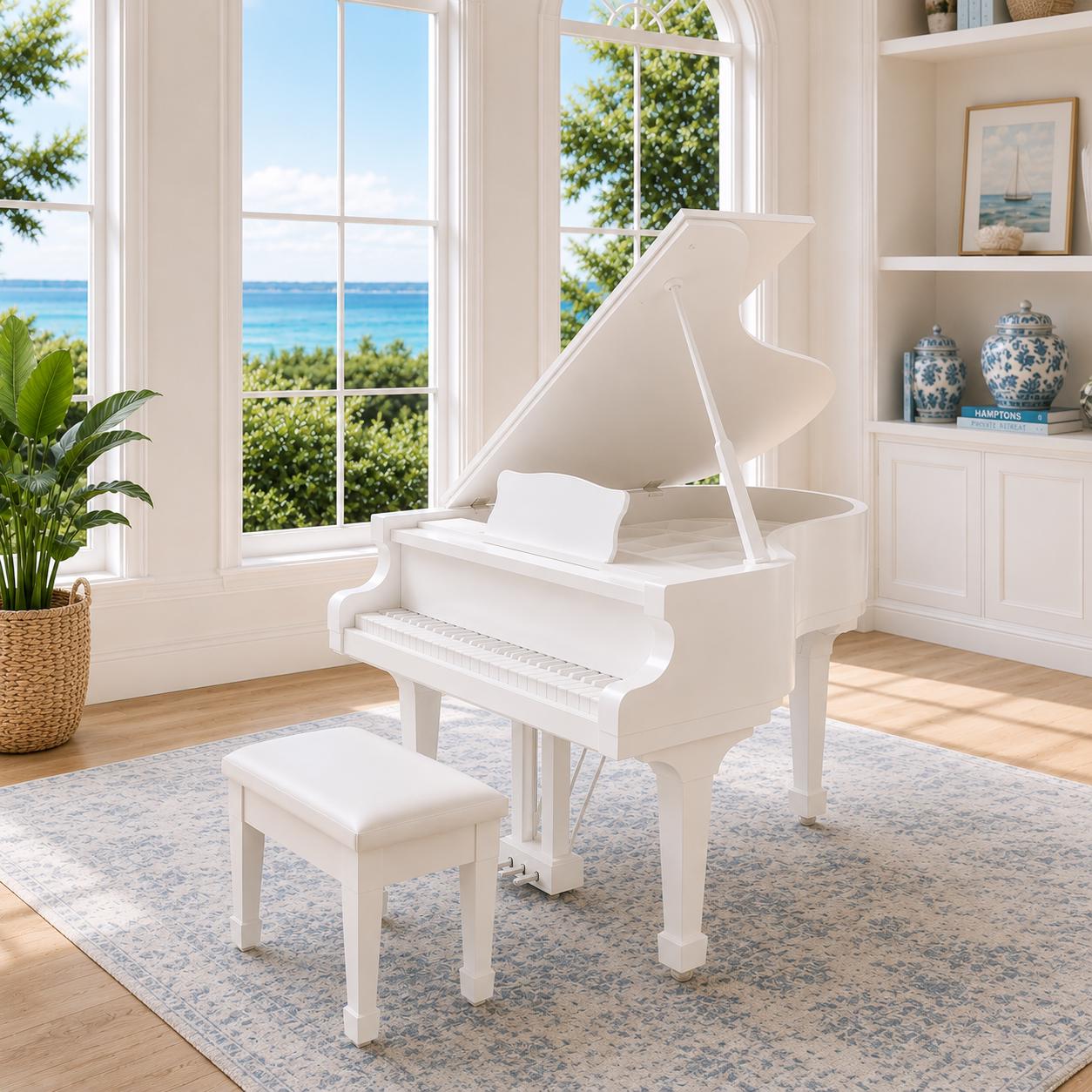 White Grand Piano & Stool | 1:12 Dollhouse Furniture | Hamptons Miniature Music Room