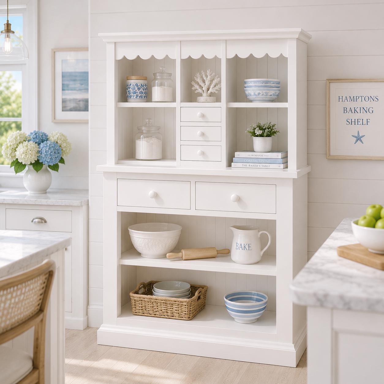 Hamptons Kitchen Hutch & Pantry Cabinet | 1:12 Dollhouse Miniature Furniture | Coastal Kitchen Storage