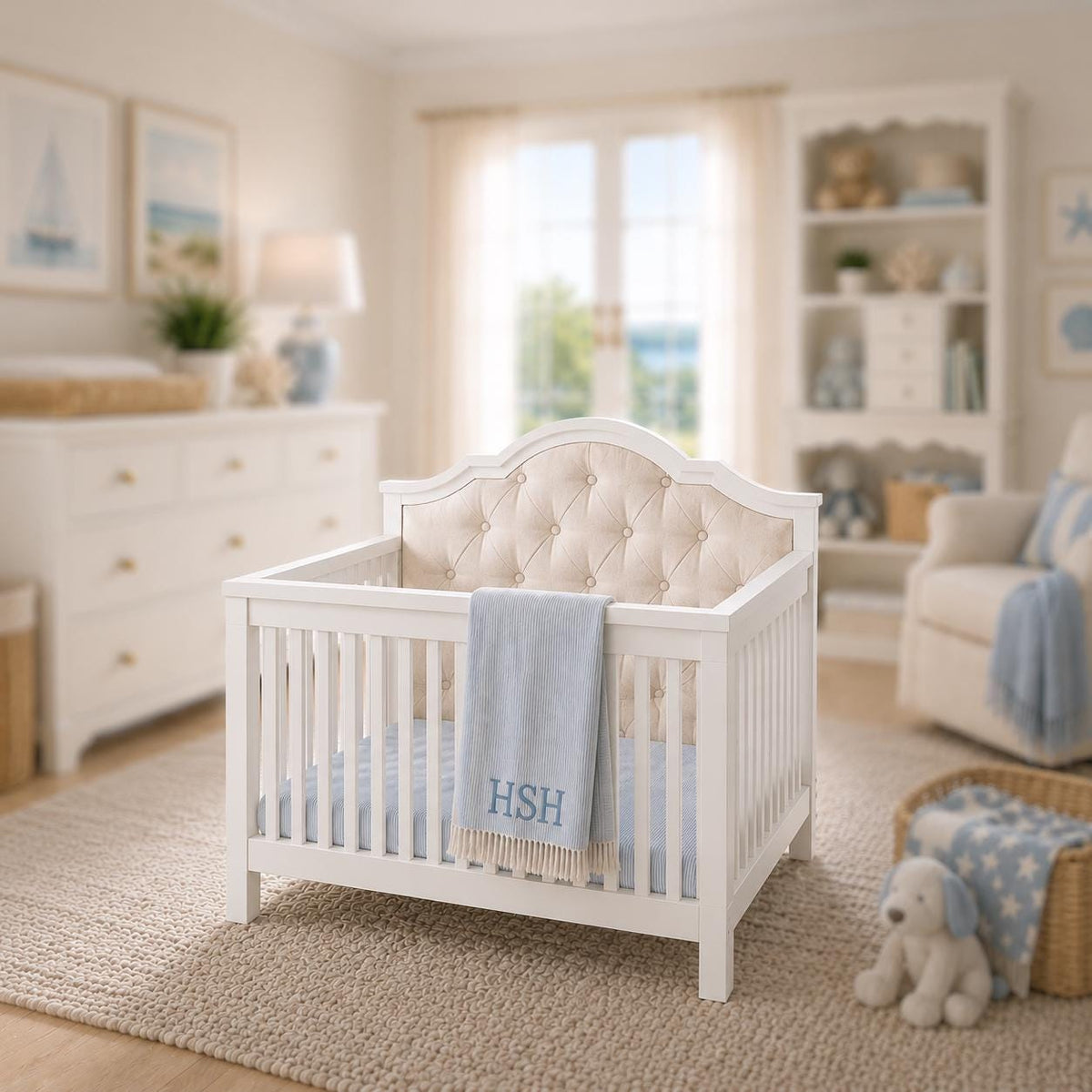 Hamptons Tufted Baby Cot | 1:12 Dollhouse Miniature Nursery Furniture | Coastal Crib
