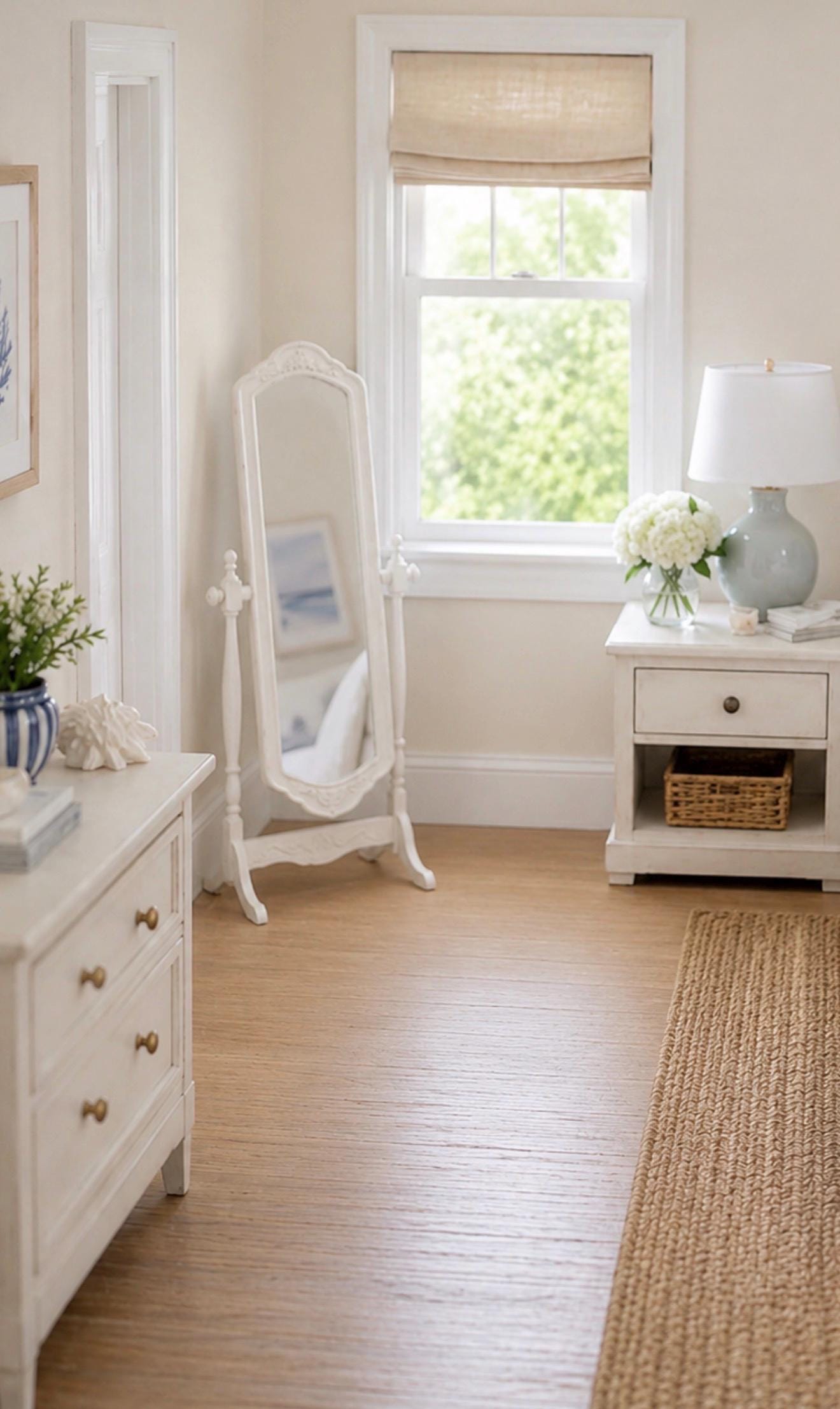 Dollhouse Hamptons Floor Mirror | 1:12 Coastal Miniature Furniture | White Freestanding Cheval Dressing Mirror