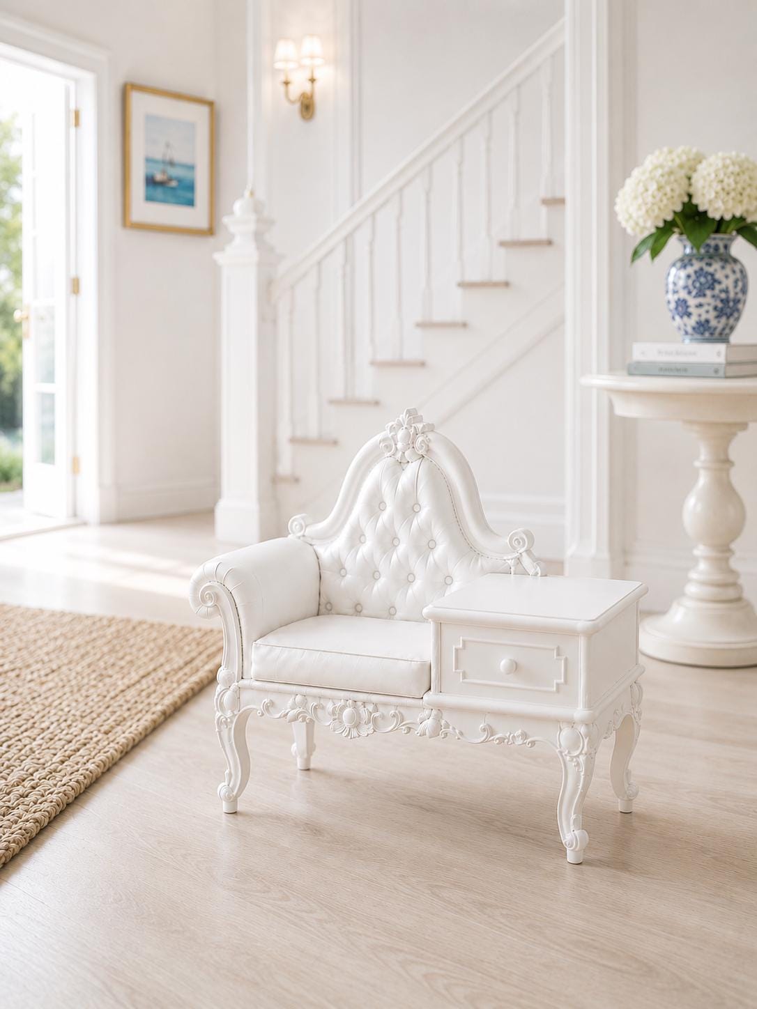 Ornate Telephone Chair & Side Table | 1:12 Dollhouse Miniature Furniture | Hamptons Tufted Hall Chair