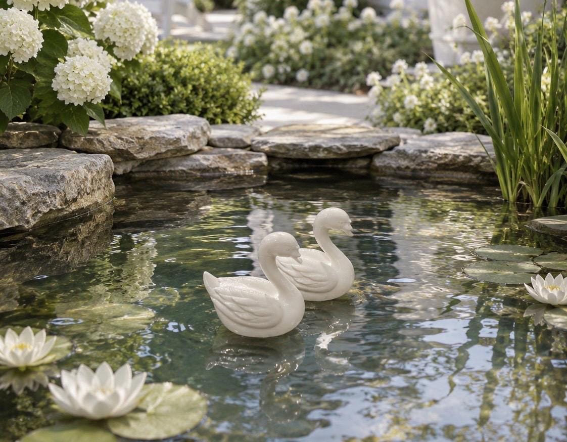Dollhouse Swan Pond Set | 1:12 Hamptons Coastal Miniature Garden Decor | White Swan Pair