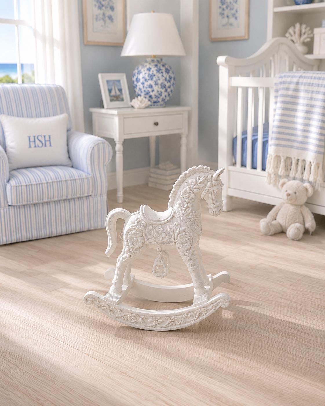 Dollhouse Rocking Horse | 1:12 Hamptons Nursery Miniature | Ornate White Carousel Horse | Dollhouse Furniture & Decor