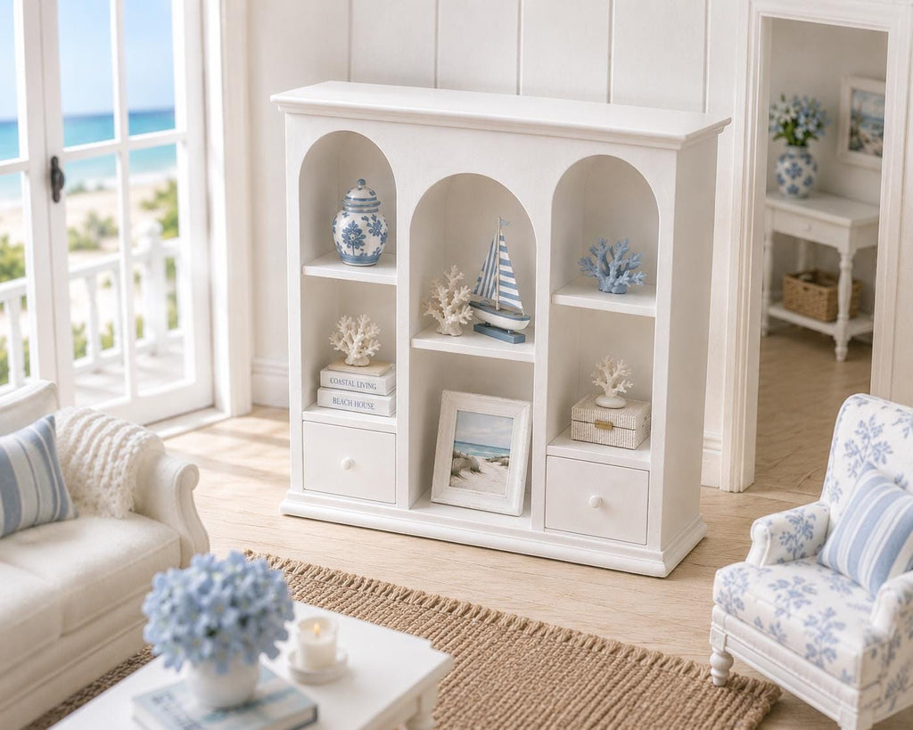 Hamptons Arched Display Cabinet | 1:12 Dollhouse Miniature Bookcase | Coastal Shelving & Storage Cabinet