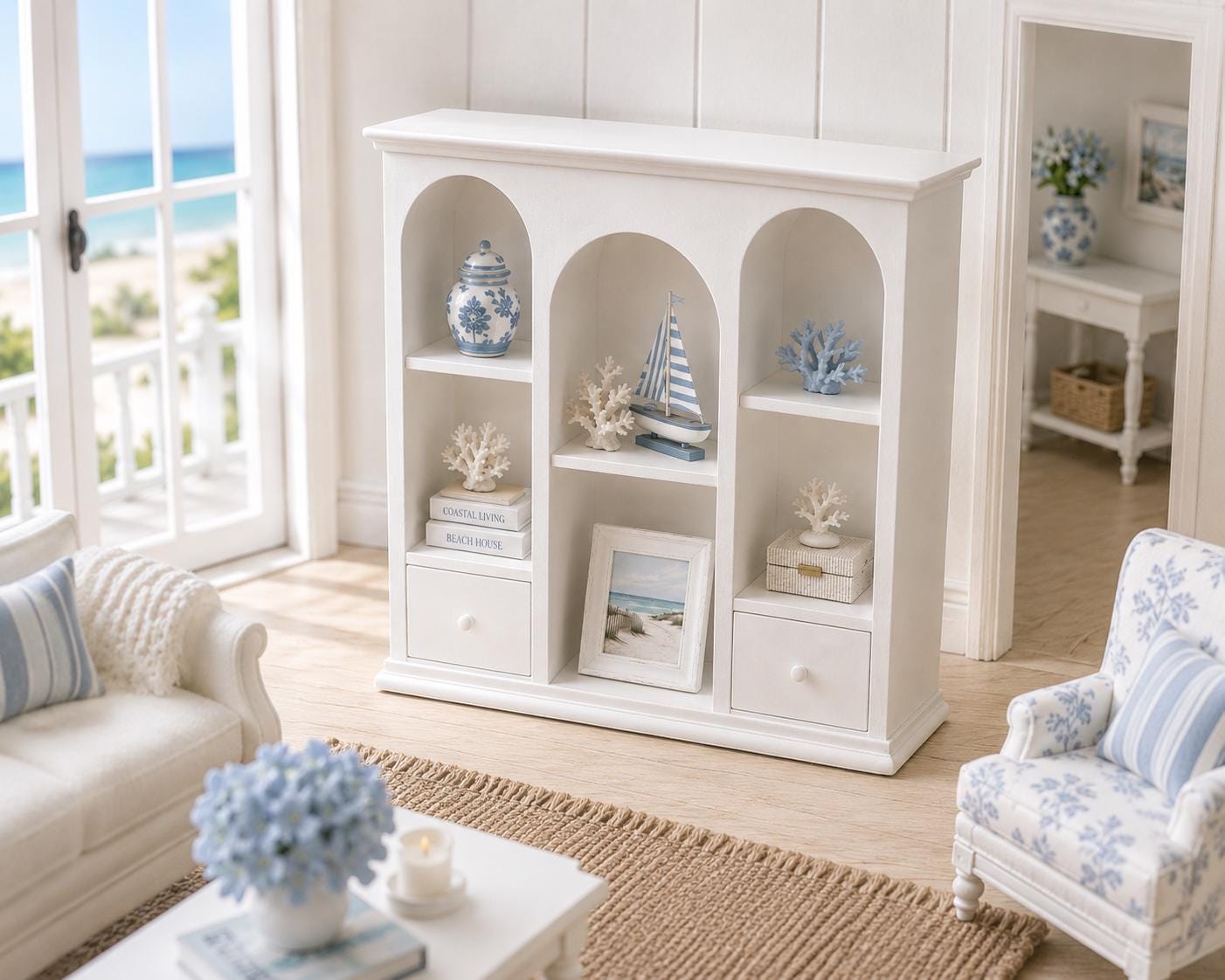 Hamptons Arched Display Cabinet | 1:12 Dollhouse Miniature Bookcase | Coastal Shelving & Storage Cabinet