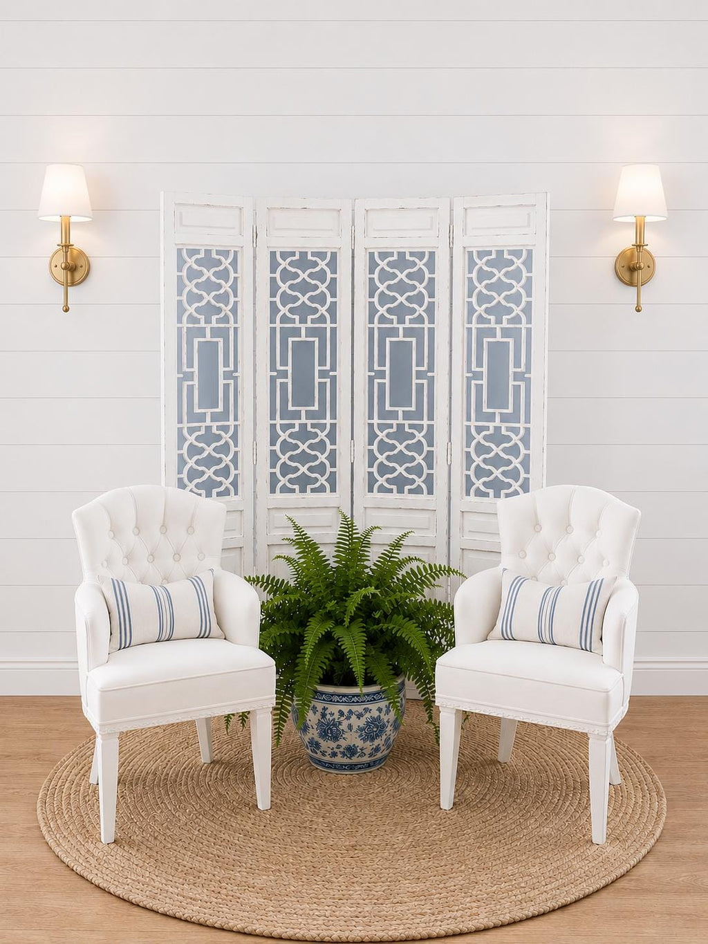 Dollhouse Accent Screen and Chair Set | Hamptons Coastal Miniature Chinoisorie Furniture | White Tufted Chairs