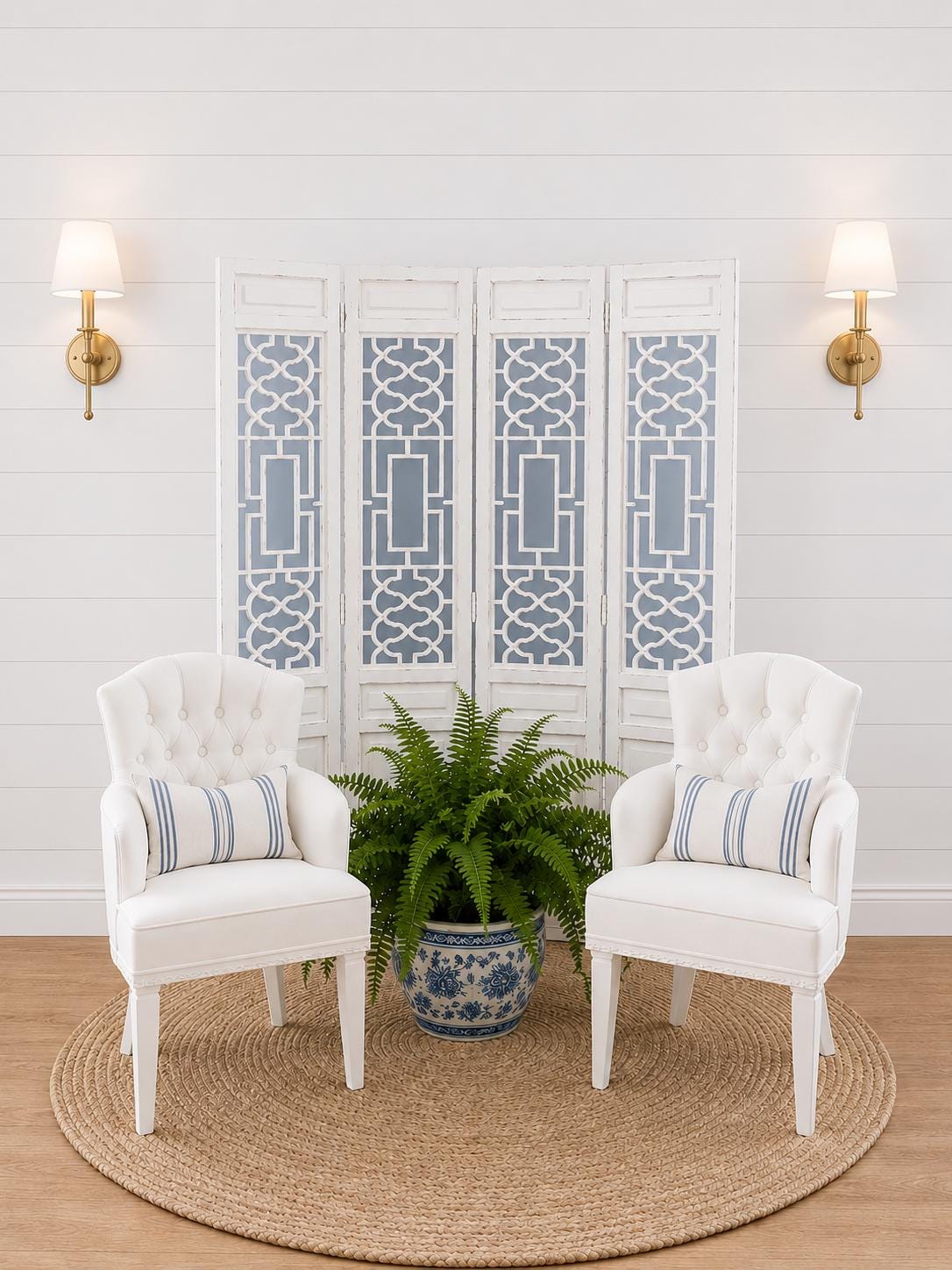 Dollhouse Accent Screen and Chair Set | Hamptons Coastal Miniature Chinoisorie Furniture | White Tufted Chairs