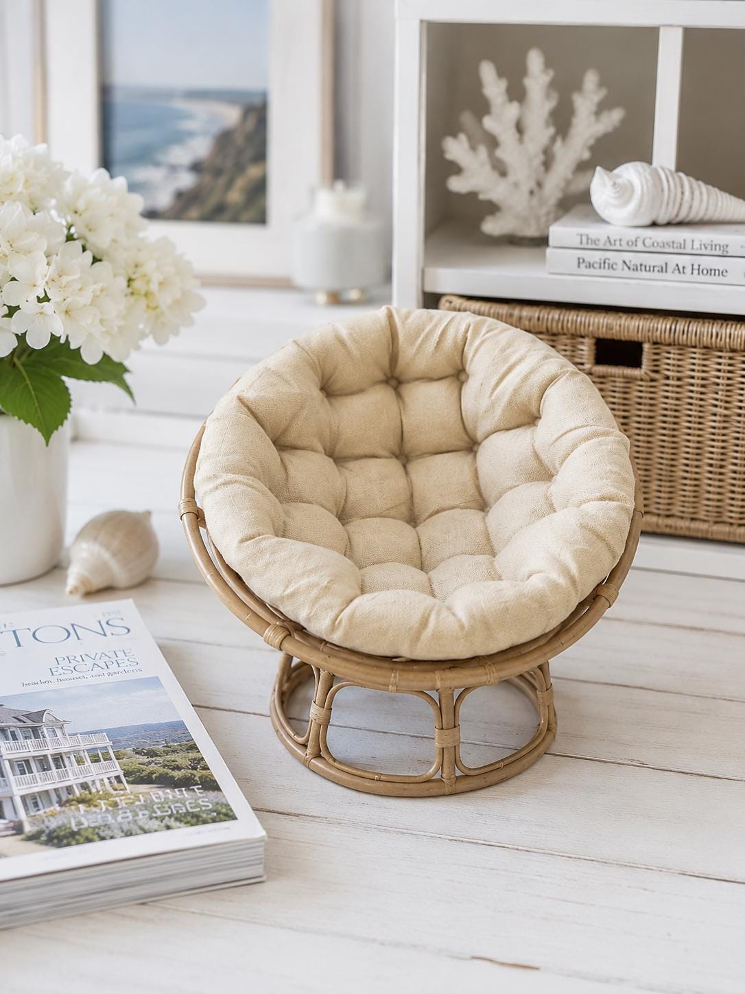 Hamptons Papasan Chair | 1:12 Dollhouse Miniature Furniture | Rattan Coastal Accent Chair with Cushion