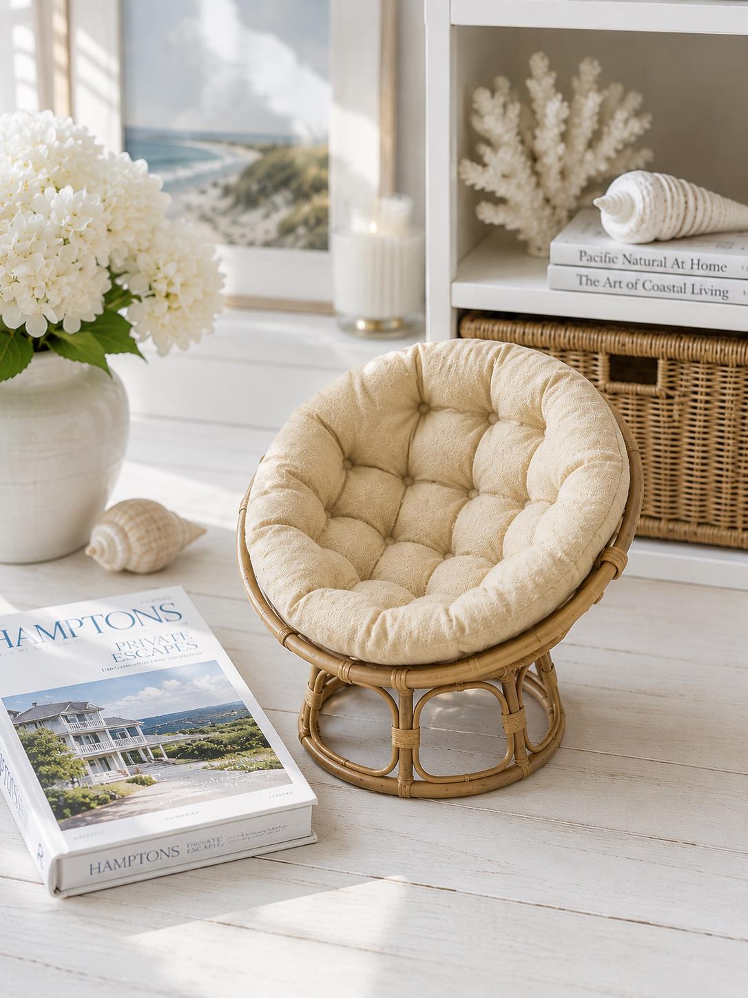 Dollhouse Papasan Chair Rare | 1:12 Hamptons Coastal Miniature Furniture | Rattan Lounge Chair in Sand