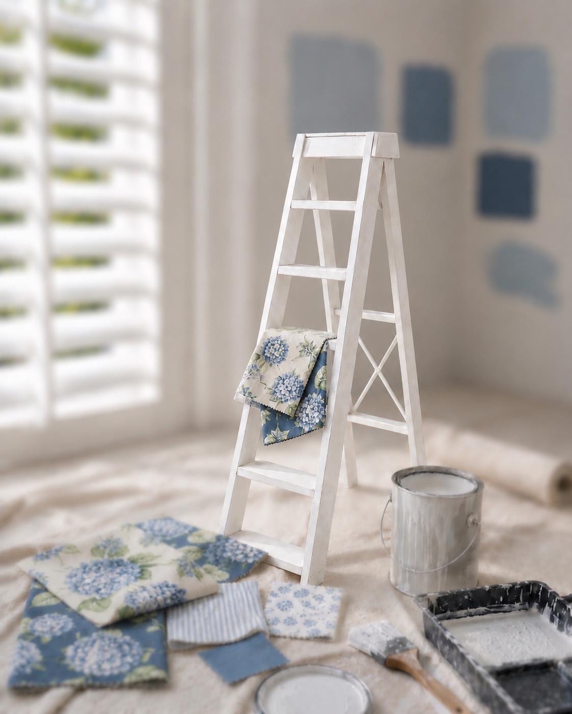 Hamptons Decorative Ladder | 1:12 Dollhouse Miniature Furniture | Coastal Ladder Shelf & Plant Display