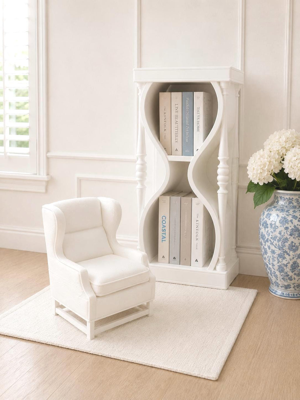 Hourglass Bookcase | 1:12 Dollhouse Miniature Bookshelf | Hamptons Coastal Display Cabinet