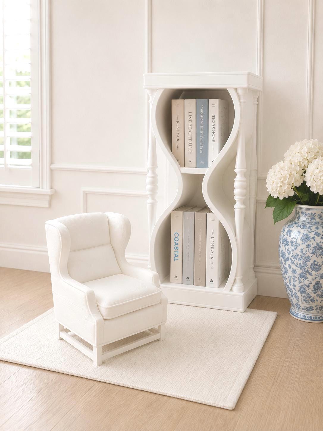 Hourglass Bookcase | 1:12 Dollhouse Miniature Bookshelf | Hamptons Coastal Display Cabinet