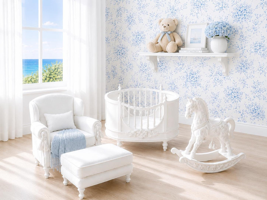 Hamptons Nursery Furniture Set | 1:12 Dollhouse Miniatures | Cot, Rocking Horse, Armchair & Ottoman | Coastal Nursery Set