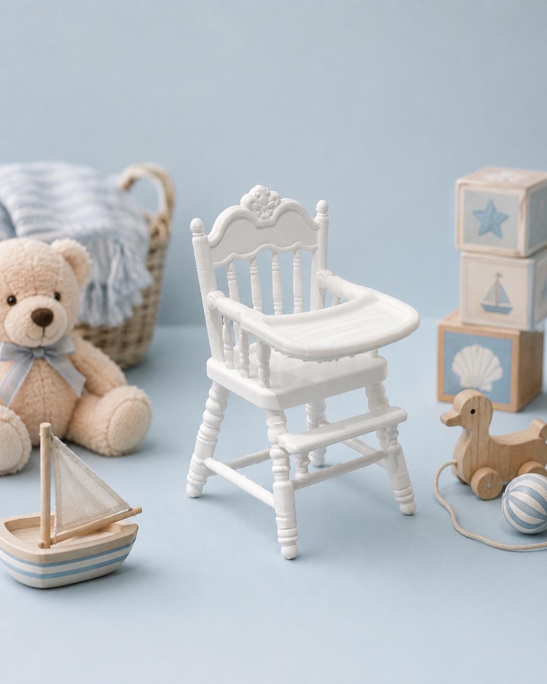 Miniature Nursery Furniture Set | 1:12 Dollhouse Baby Pram, High Chair & Walker | Hamptons Nursery