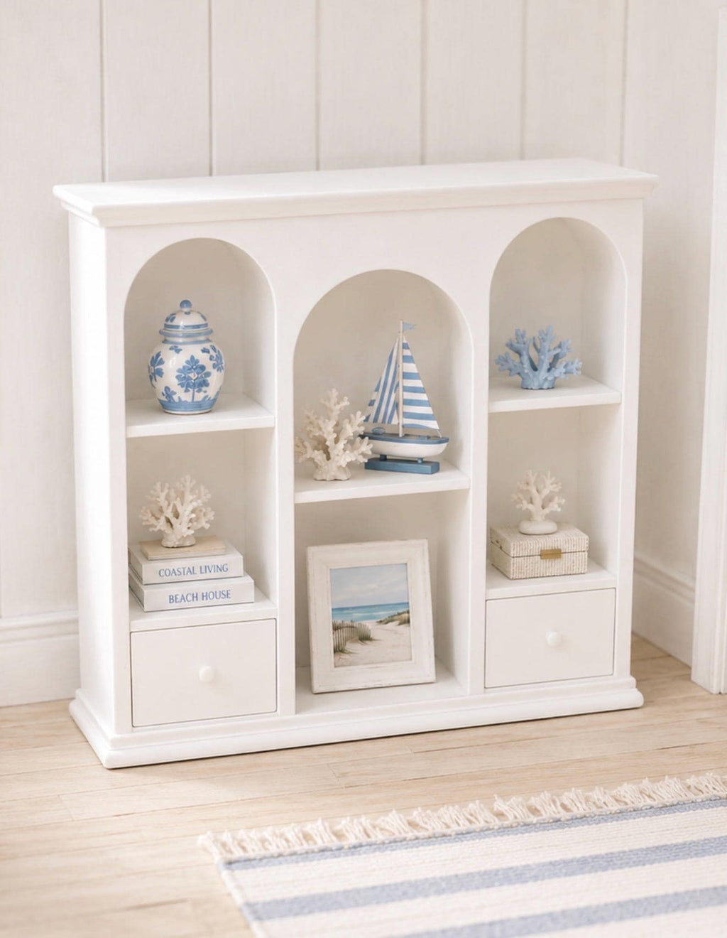 Hamptons Arched Display Cabinet | 1:12 Dollhouse Miniature Bookcase | Coastal Shelving & Storage Cabinet