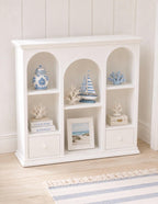 Hamptons Arched Display Cabinet | 1:12 Dollhouse Miniature Bookcase | Coastal Shelving & Storage Cabinet