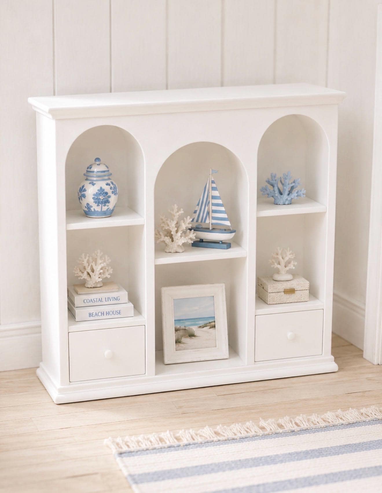 Hamptons Arched Display Cabinet | 1:12 Dollhouse Miniature Bookcase | Coastal Shelving & Storage Cabinet