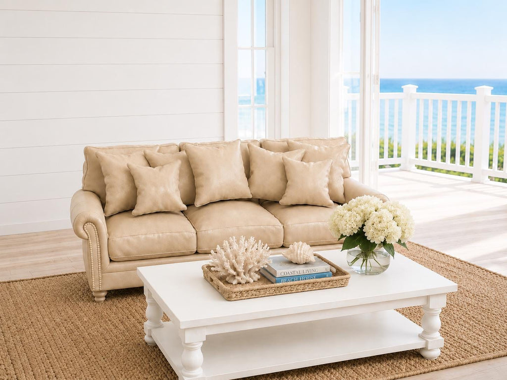 Hamptons Three Seater Sofa | 1:12 Dollhouse Miniature Furniture | Coastal White Lounge Sofa with Cushions
