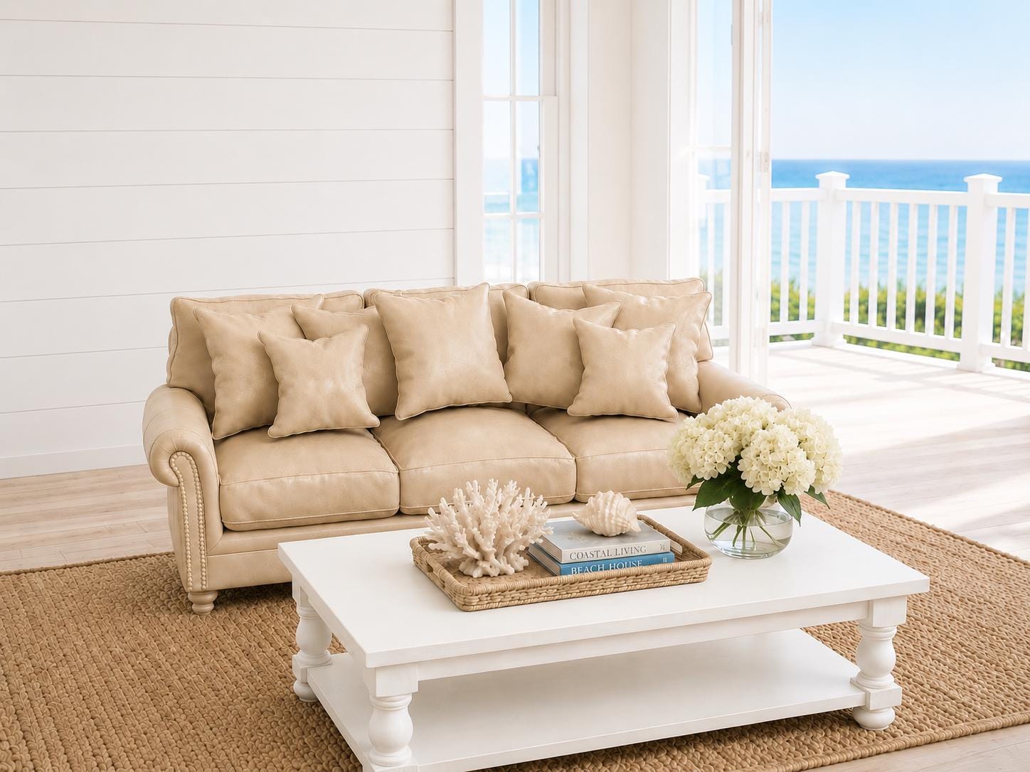 Hamptons Three Seater Sofa | 1:12 Dollhouse Miniature Furniture | Coastal White Lounge Sofa with Cushions