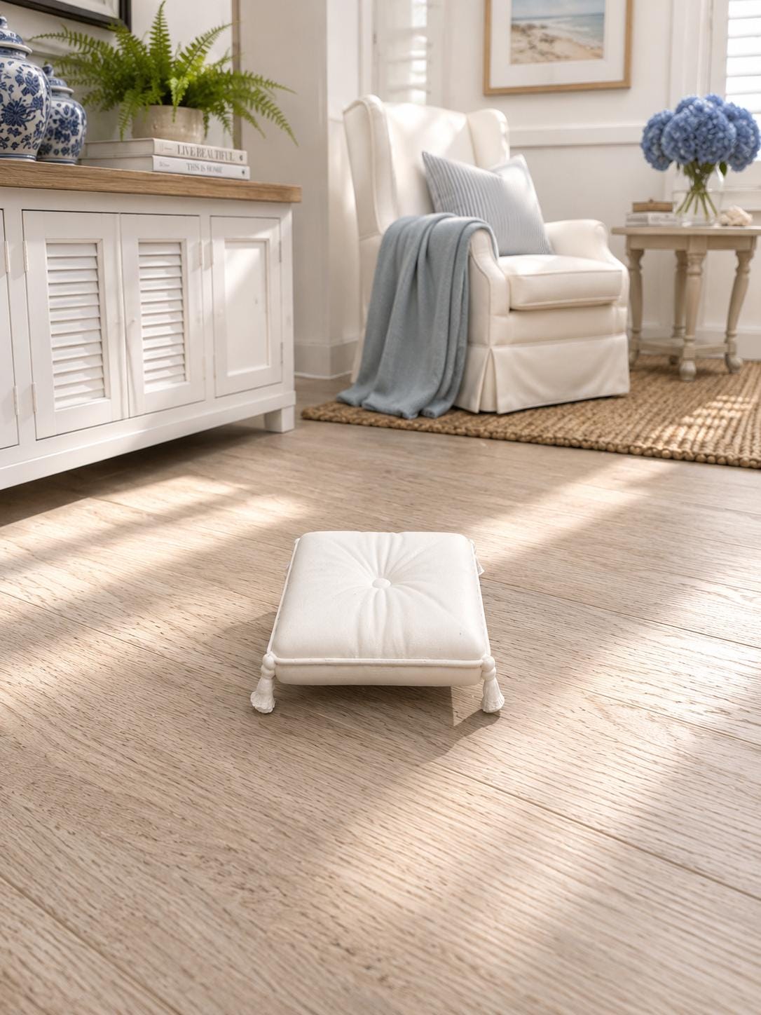 Miniature Floor Cushions Set | 1:12 Dollhouse Ottoman & Footstool | Hamptons Coastal Furniture