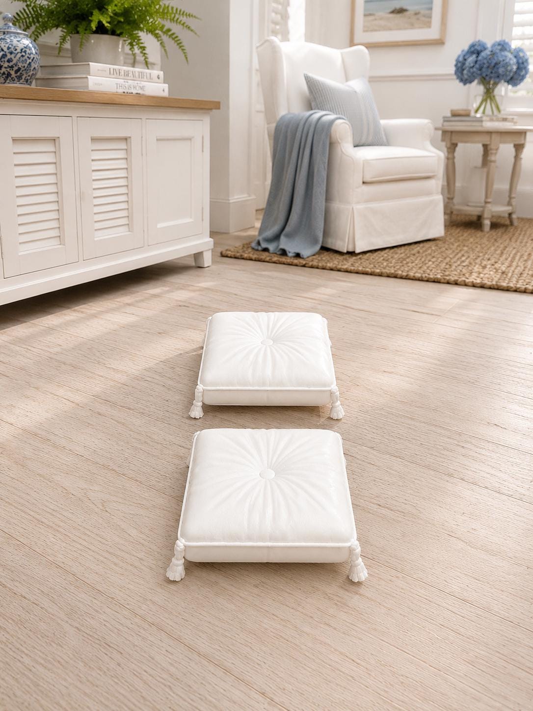 Miniature Floor Cushions Set | 1:12 Dollhouse Ottoman & Footstool | Hamptons Coastal Furniture