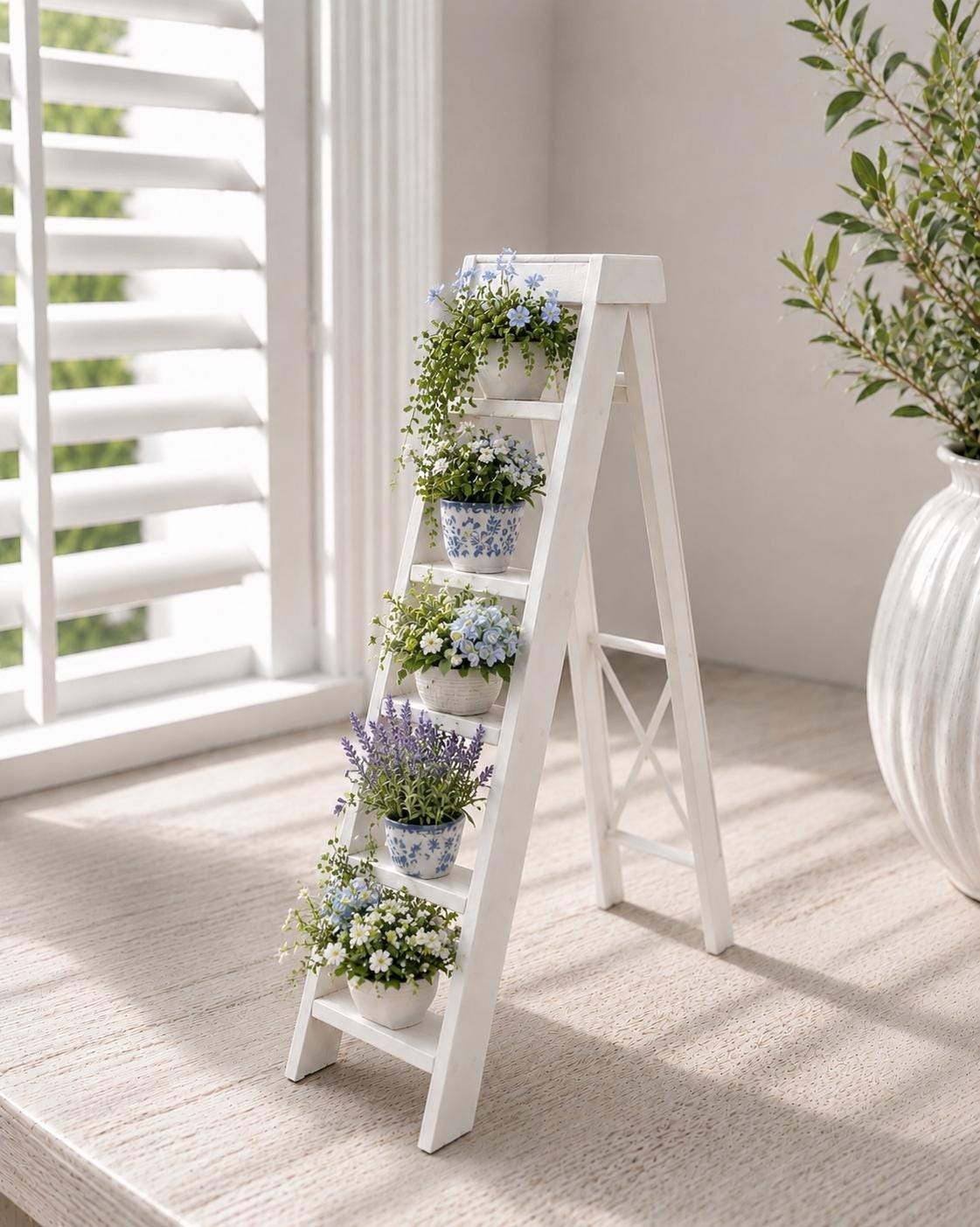 Hamptons Decorative Ladder | 1:12 Dollhouse Miniature Furniture | Coastal Ladder Shelf & Plant Display