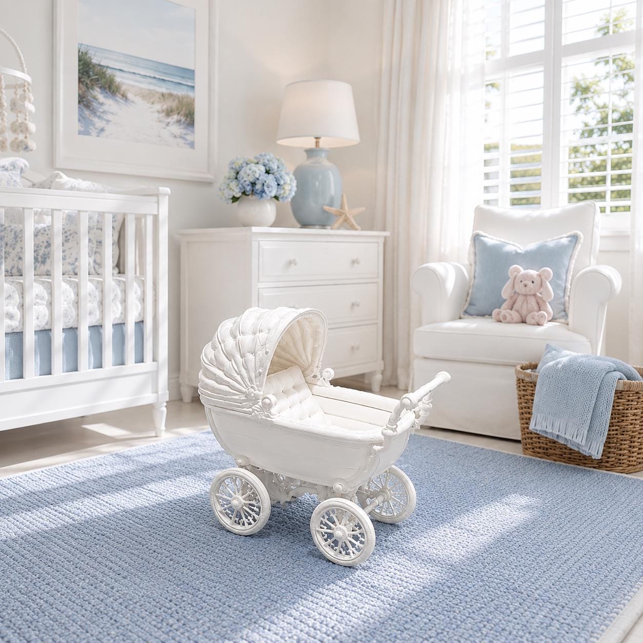 Classic Baby Pram | 1:12 Dollhouse Nursery | Hamptons Coastal Miniature Pram Furniture