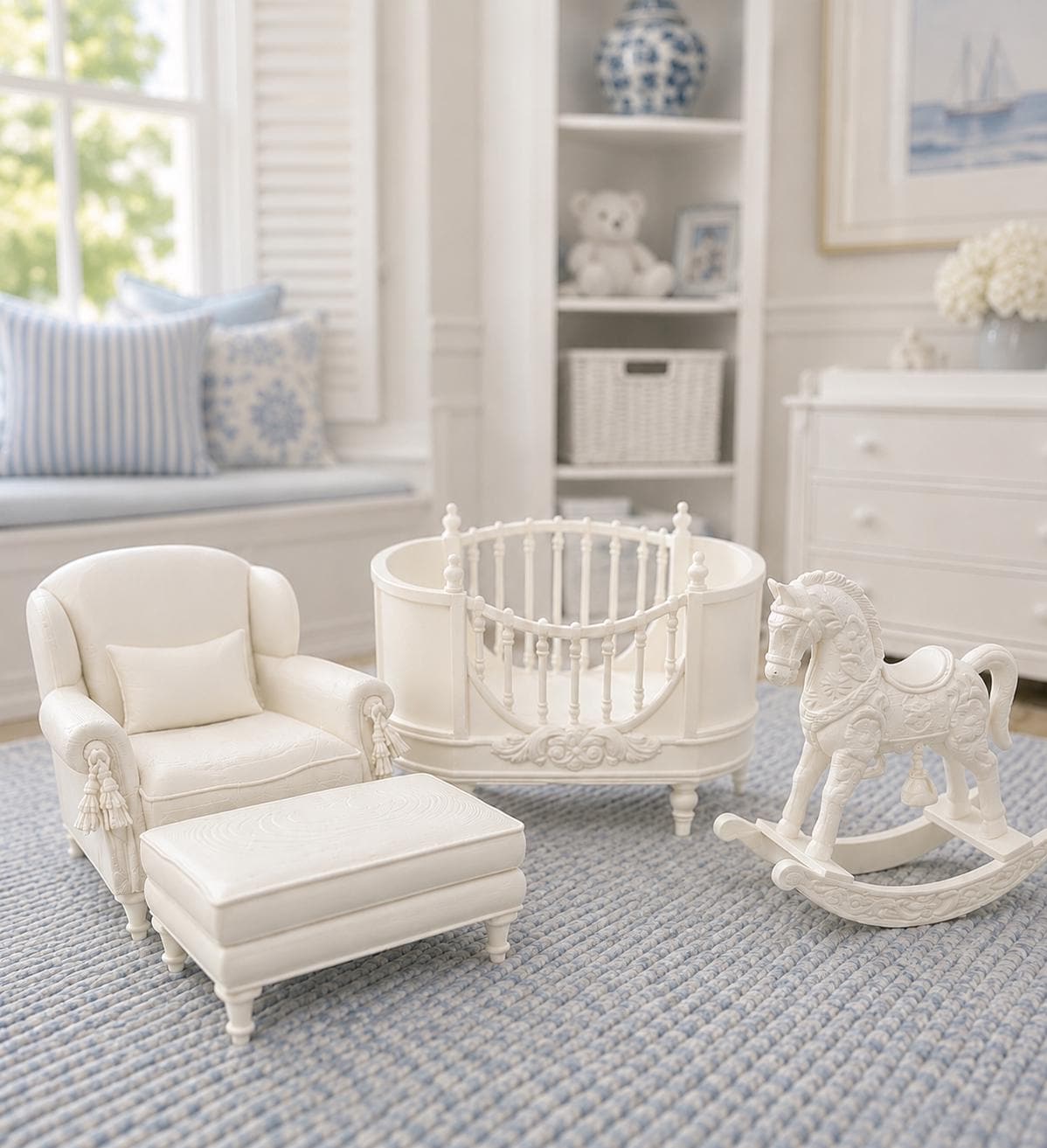 Deluxe Hamptons Nursery Set | 1:12 Dollhouse Furniture | Luxury Miniature Baby Room Set