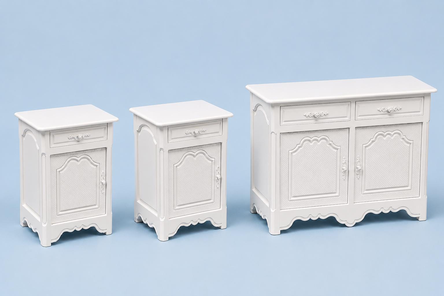 Bedside Tables & Sideboard Set | 1:12 Dollhouse Furniture | Hamptons Miniature Bedroom