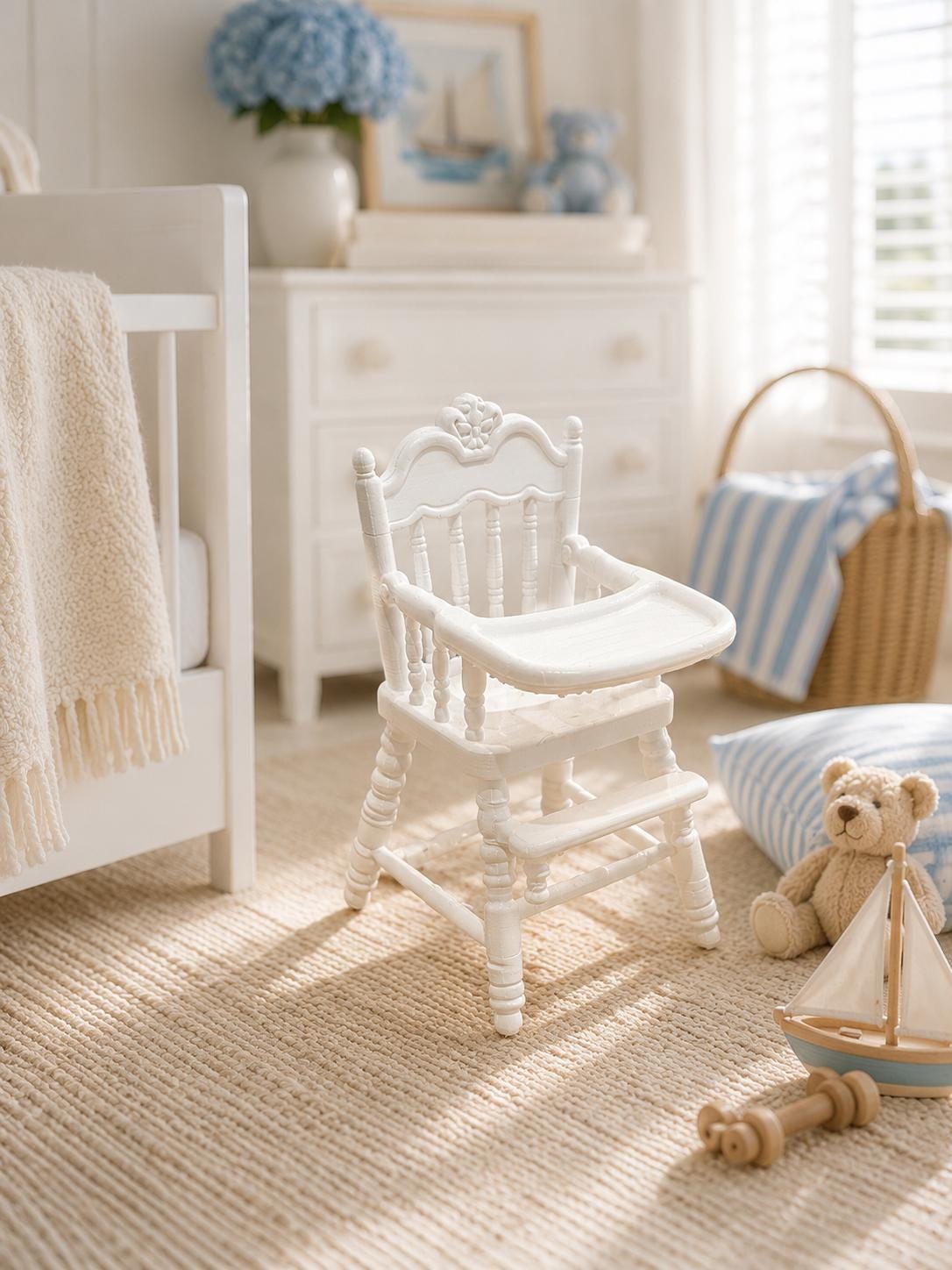 Miniature Hamptons High Chair | 1:12 Dollhouse Nursery Furniture | Coastal Baby Highchair