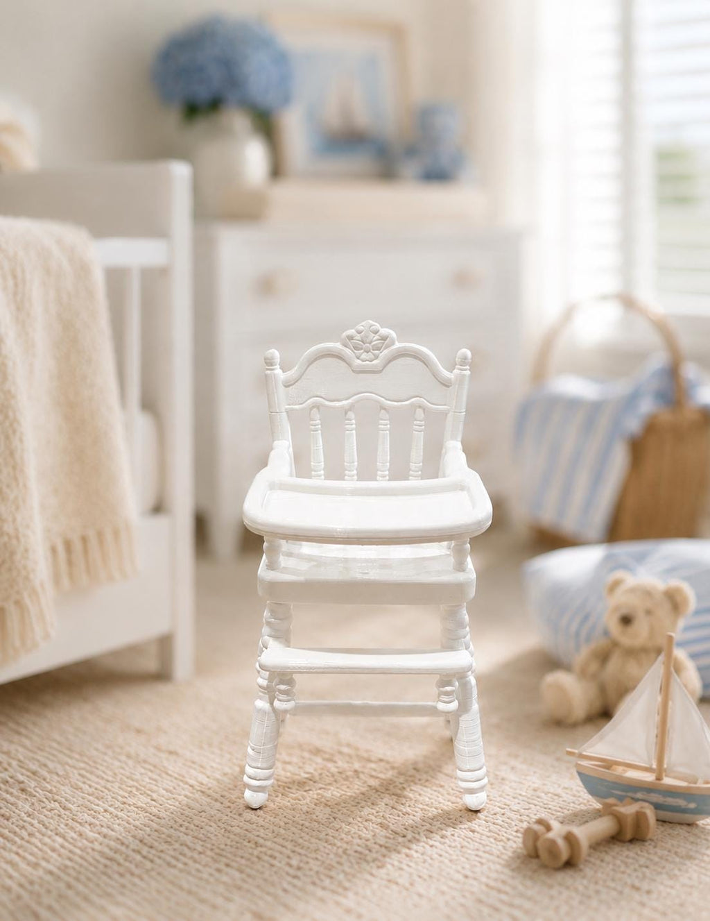 Miniature Hamptons High Chair | 1:12 Dollhouse Nursery Furniture | Coastal Baby Highchair