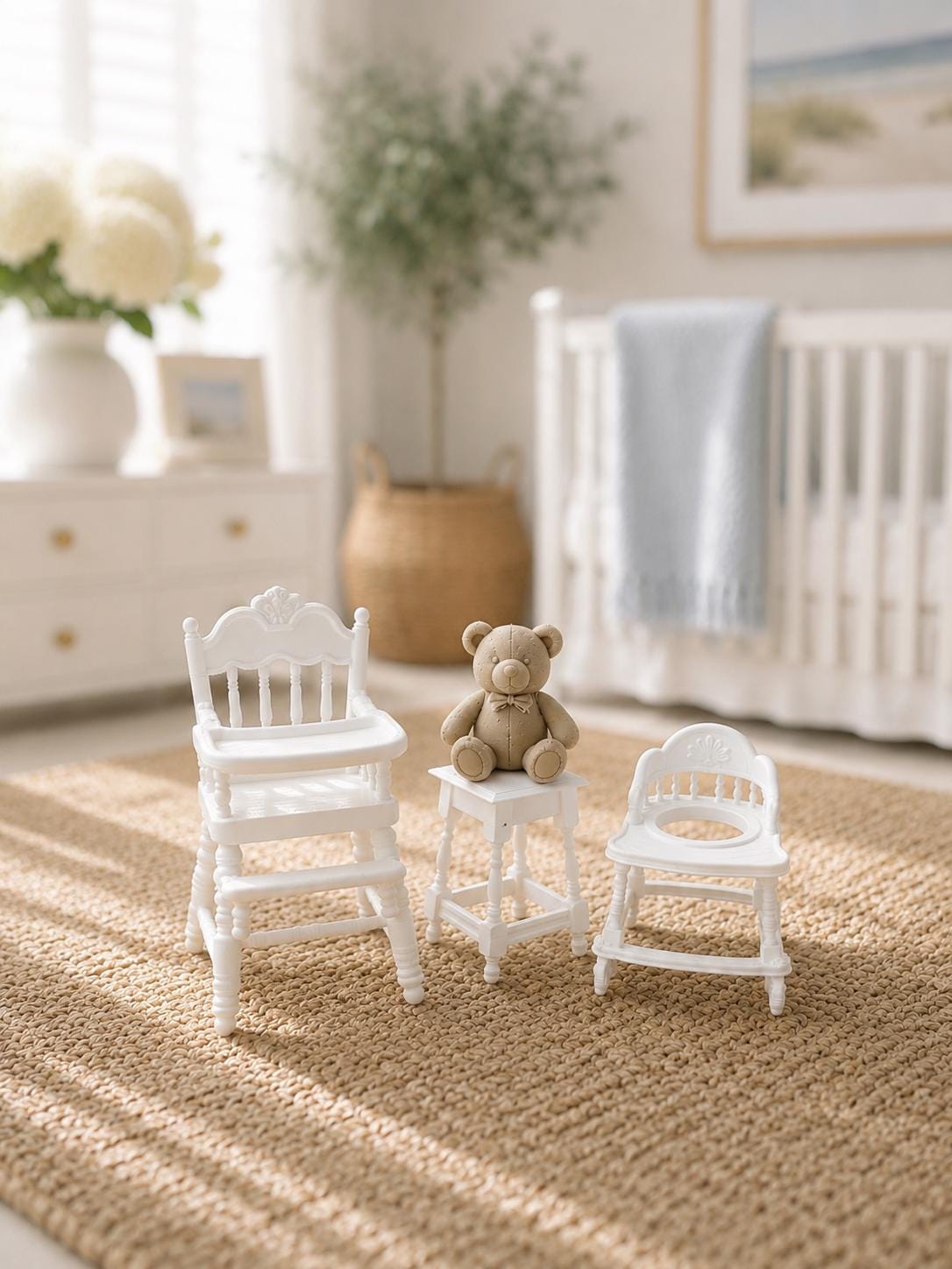 Miniature Nursery Essentials Set | 1:12 Dollhouse High Chair, Baby Walker & Potty Chair | Hamptons Baby Furniture