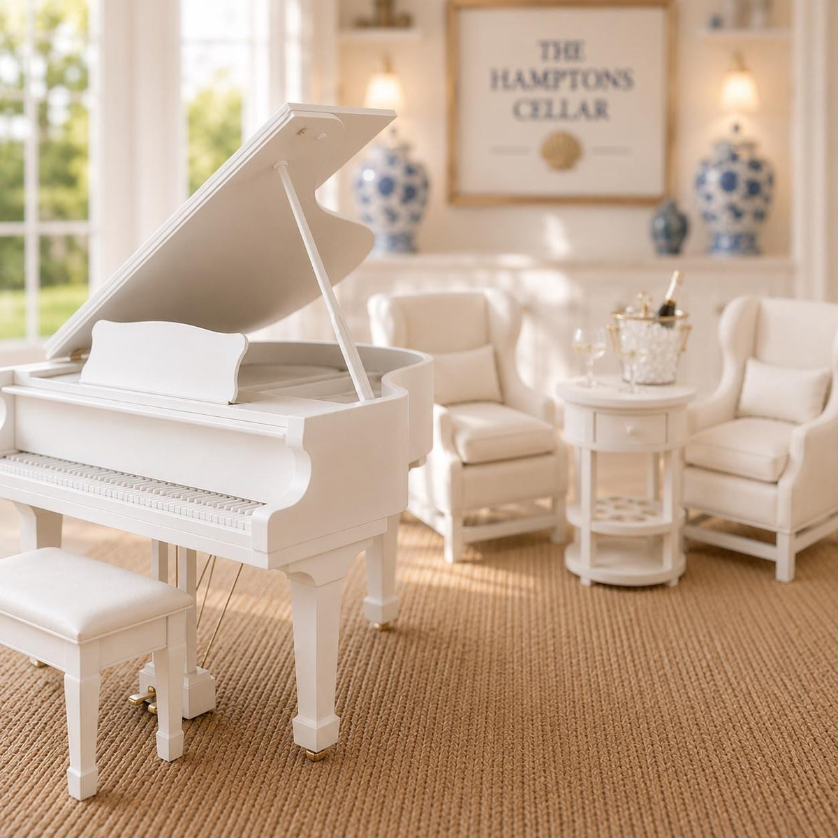 Dollhouse Grand Piano & Stool | 1:12 Hamptons Coastal Miniature Furniture | Luxury White Baby Grand Piano