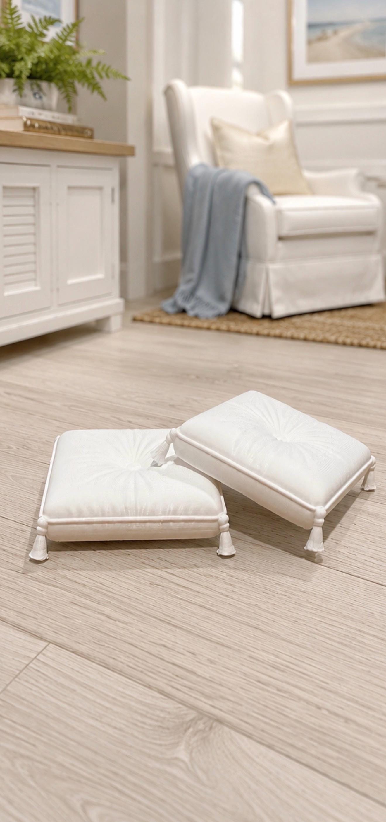Miniature Floor Cushions Set | 1:12 Dollhouse Ottoman & Footstool | Hamptons Coastal Furniture