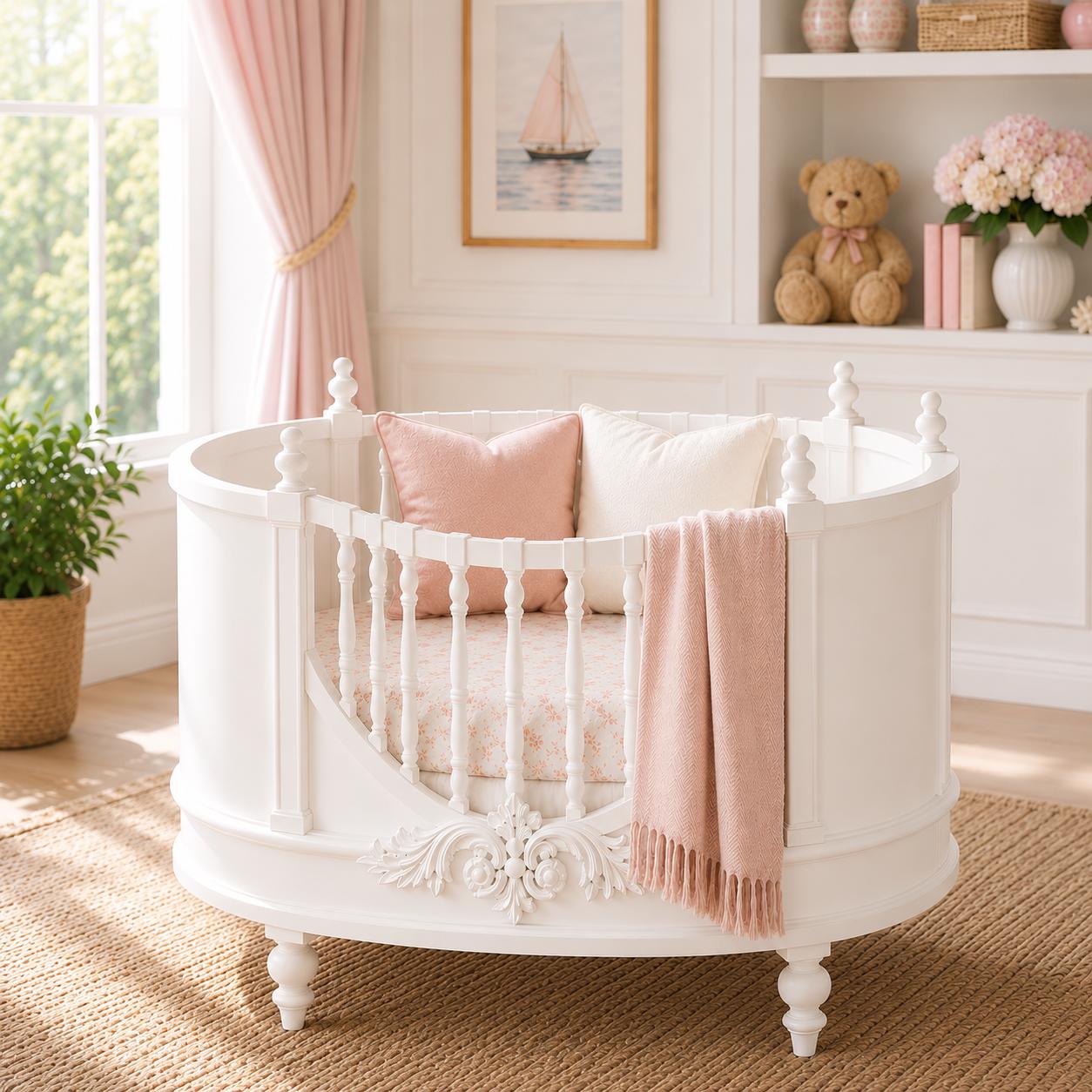 Hamptons Round Nursery Cot | 1:12 Dollhouse Miniature Furniture | Coastal Baby Crib