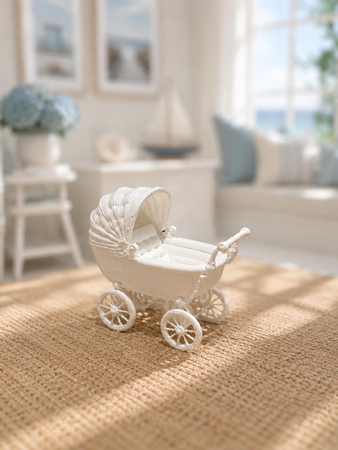 Miniature Nursery Furniture Set | 1:12 Dollhouse Baby Pram, High Chair & Walker | Hamptons Nursery