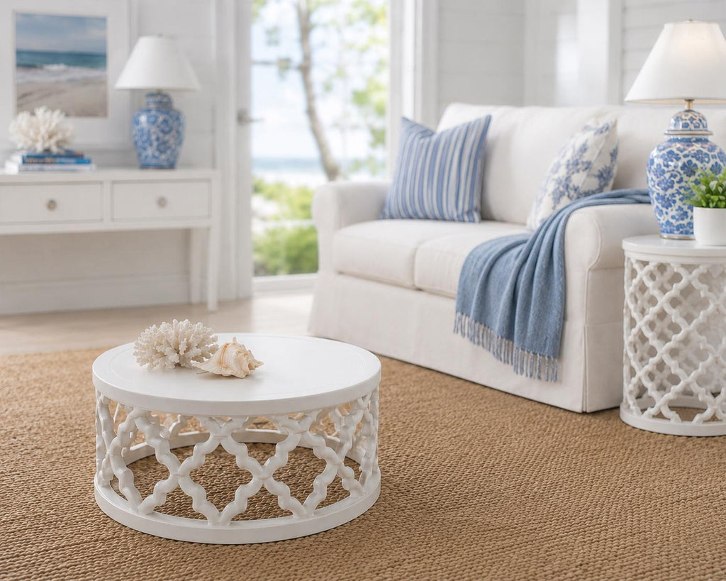 Hamptons Lattice Coffee Table Set | 1:12 Dollhouse Miniature Furniture | Coastal Round Coffee Table
