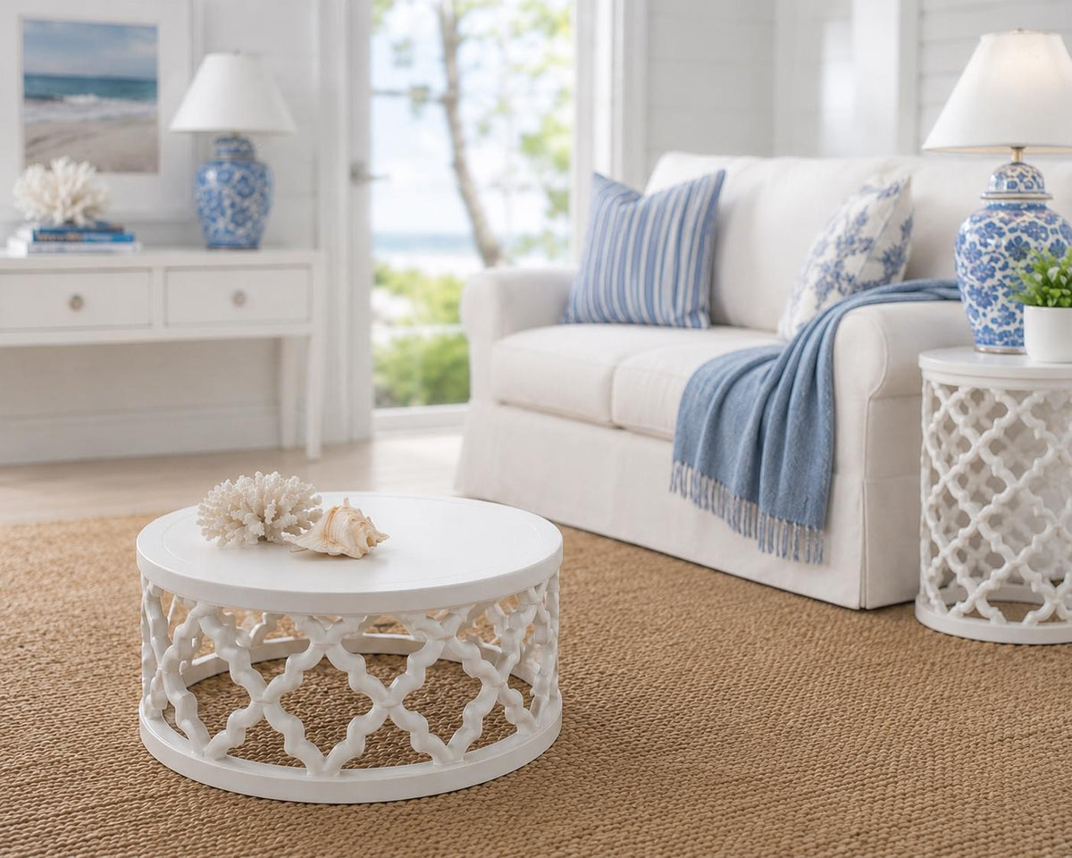 Hamptons Lattice Coffee Table Set | 1:12 Dollhouse Miniature Furniture | Coastal Round Coffee Table