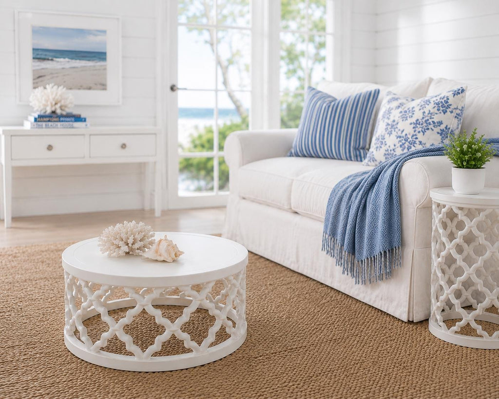Hamptons Lattice Coffee Table Set | 1:12 Dollhouse Miniature Furniture | Coastal Round Coffee Table
