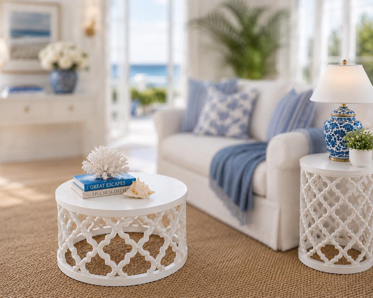 Hamptons Lattice Coffee Table Set | 1:12 Dollhouse Miniature Furniture | Coastal Round Coffee Table