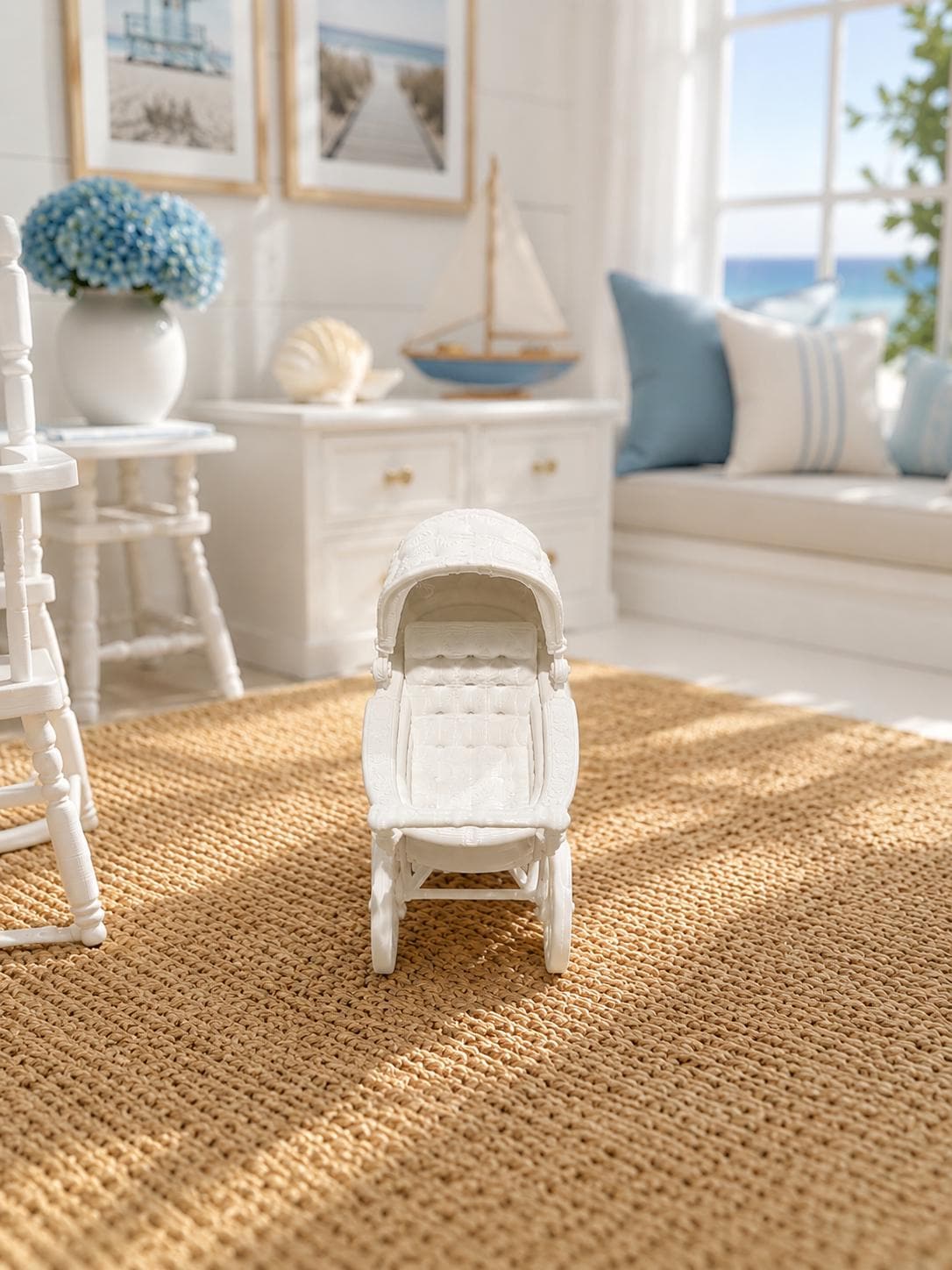 Ornate Baby Pram | 1:12 Dollhouse Miniature Nursery Furniture | Vintage Hamptons Baby Carriage