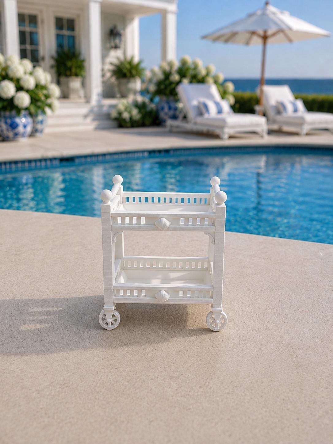 Hamptons Poolside Furniture Set | 1:12 Dollhouse Miniatures | Cabana, Sun Lounger & Drinks Trolley