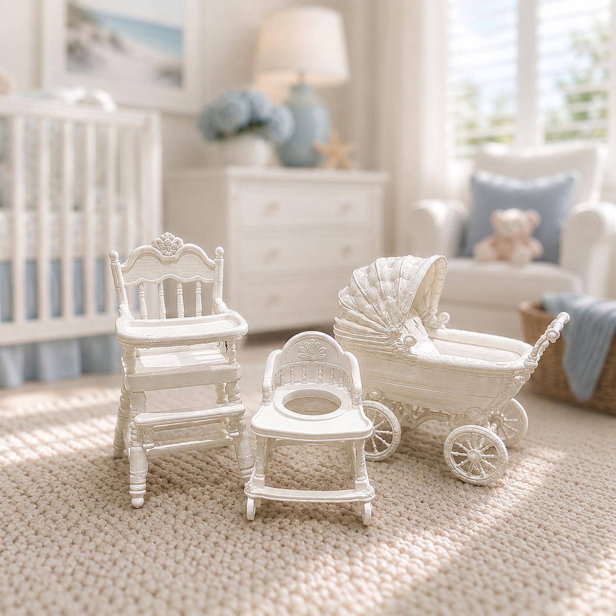 Baby Nursery Furniture Set | 1:12 Dollhouse | Hamptons Miniature Pram High Chair Walker