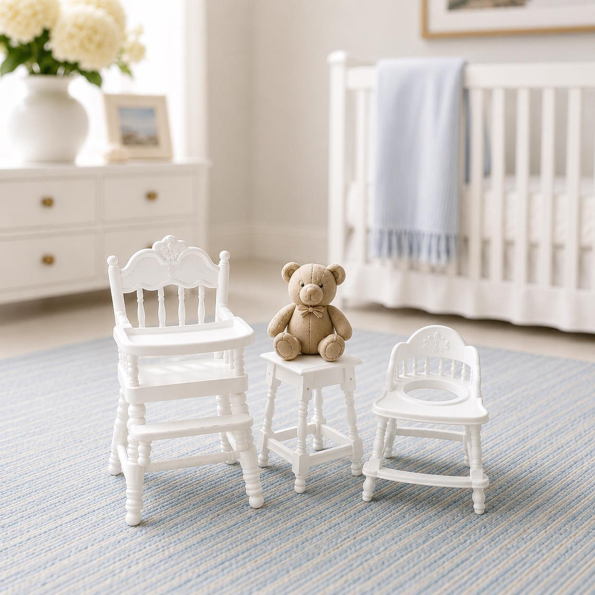 Hamptons Baby Nursery Set | 1:12 Dollhouse Furniture | Miniature Nursery with Teddy
