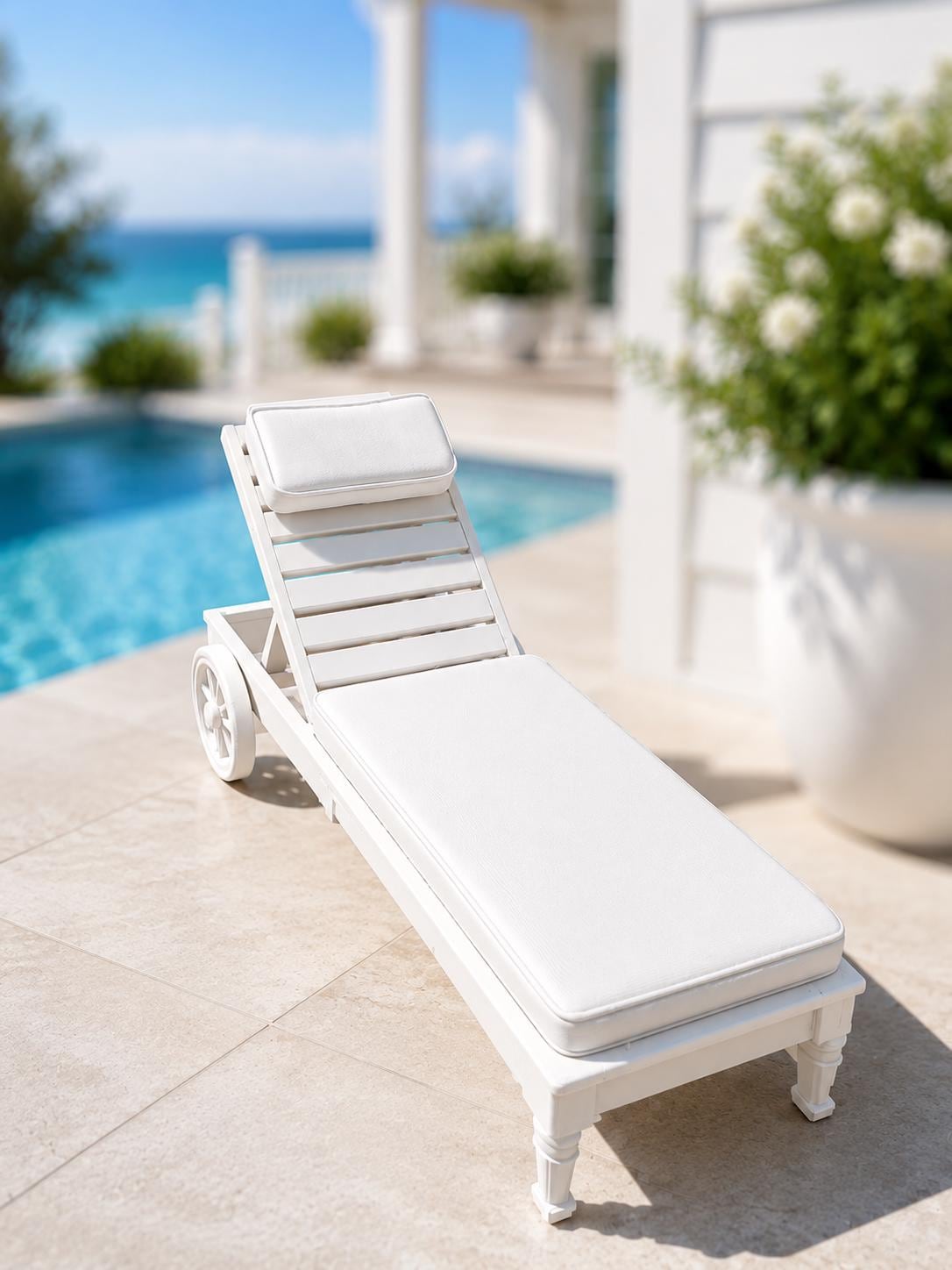 Hamptons Poolside Sun Lounger | 1:12 Dollhouse Miniature Furniture | Coastal Chaise Lounge