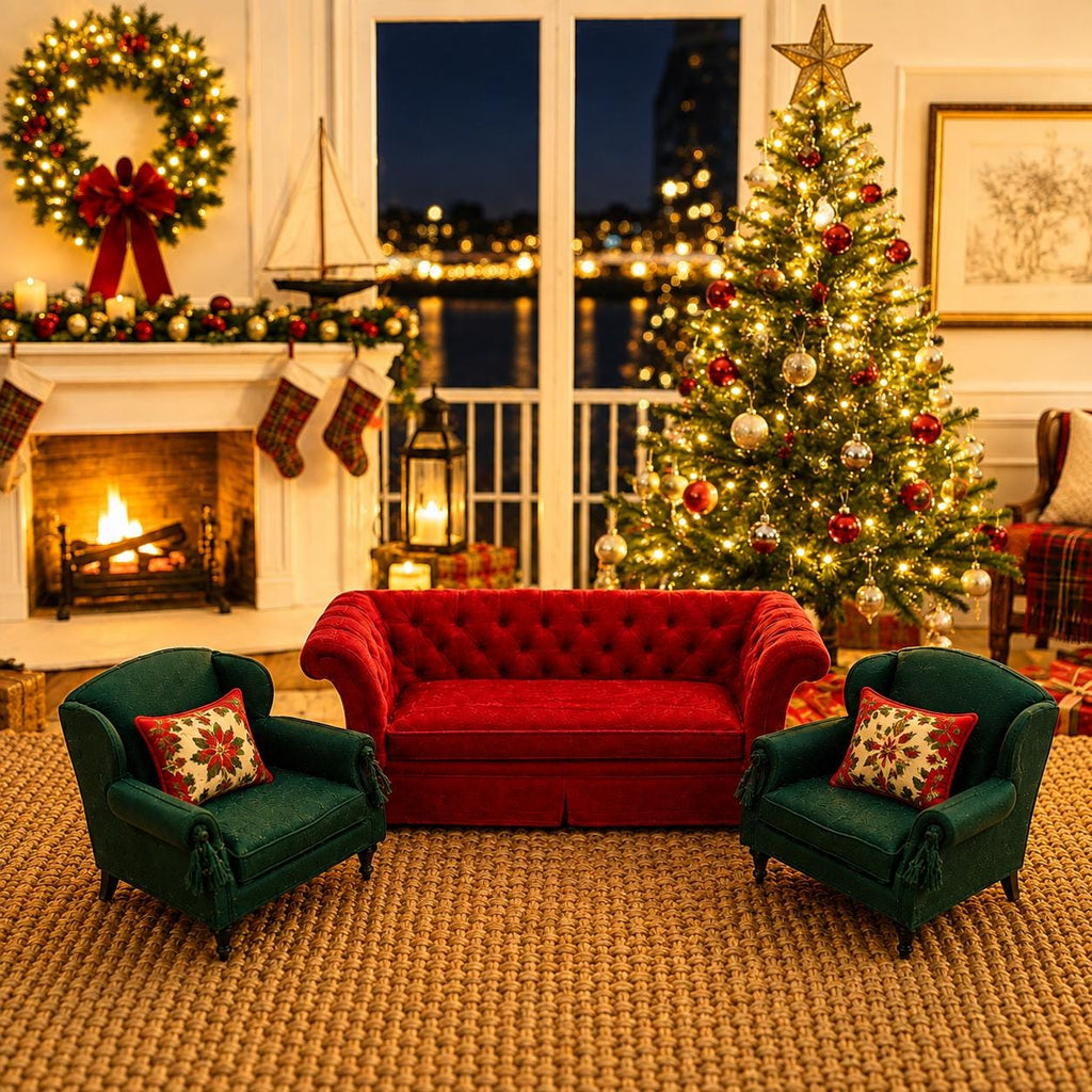 Dollhouse Christmas Lounge Set | 1:12 Miniature Furniture | Red Chesterfield Sofa Green Armchairs | Luxury Holiday Decor